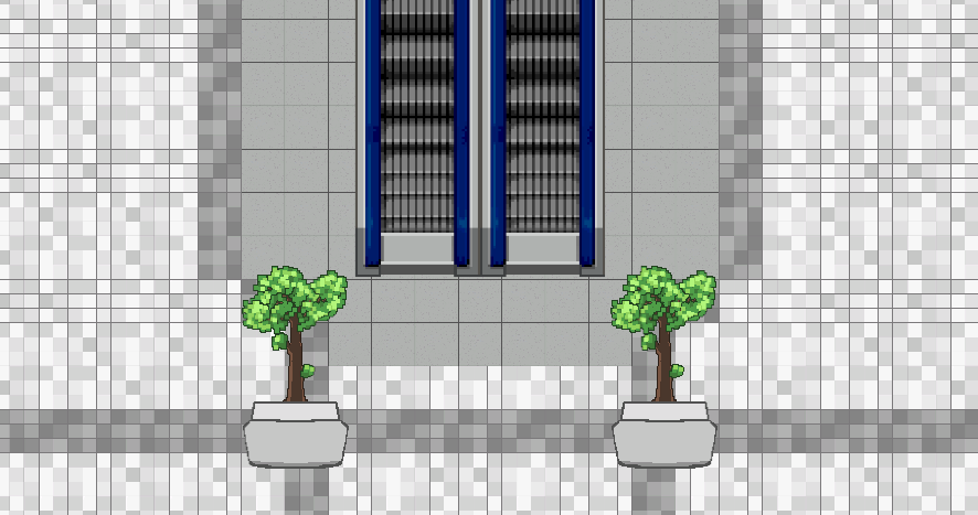 a pixel art image of an escalator in the middle of a mall